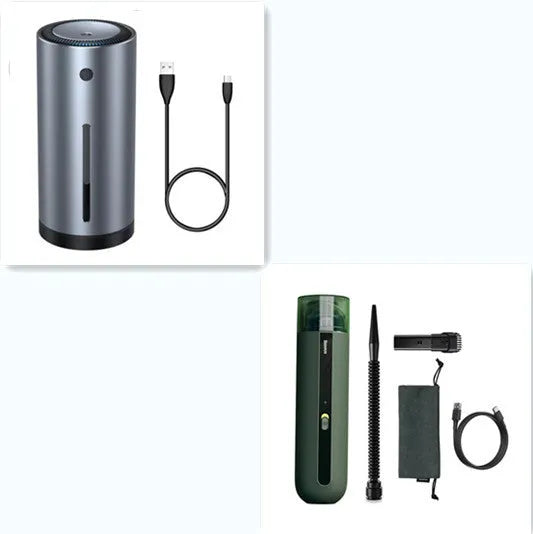 Black handheld wireless car vacuum cleaner with dust bin and blower hose