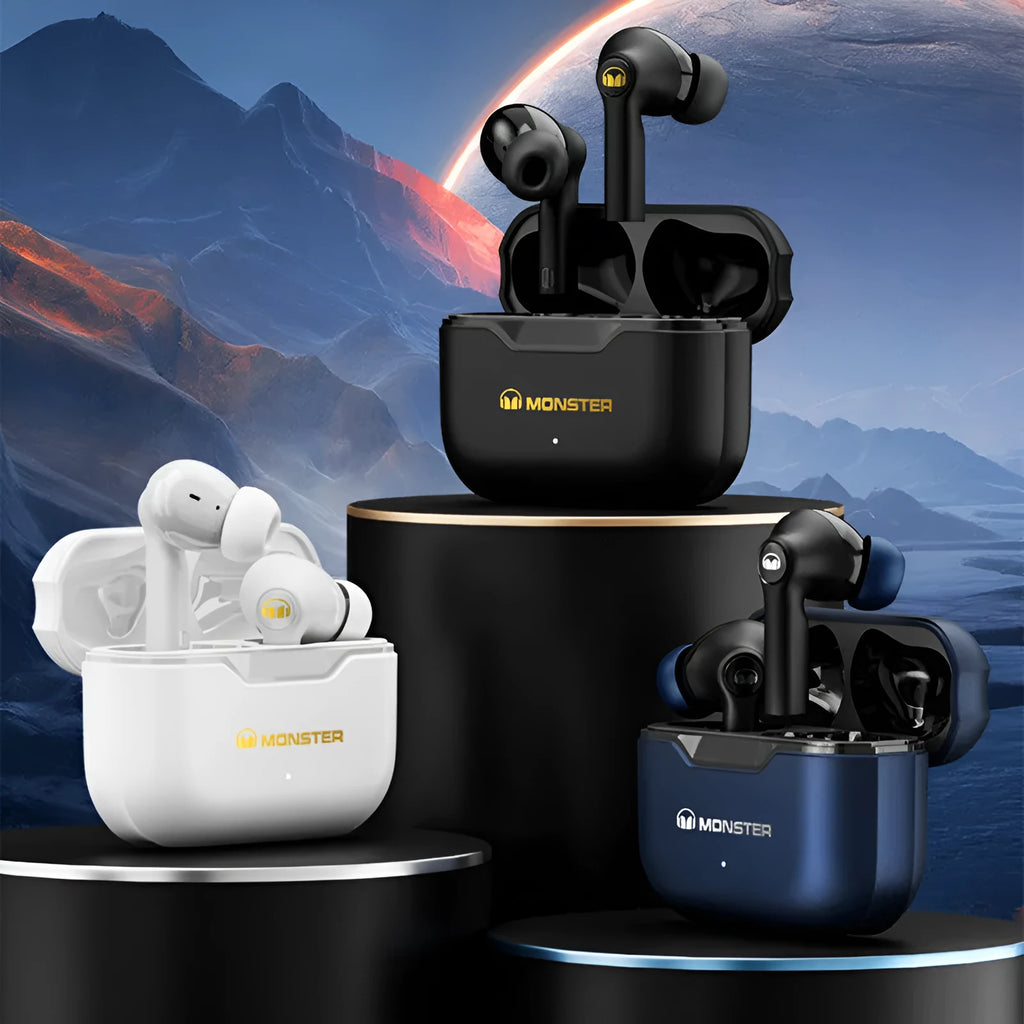 True wireless Bluetooth stereo headset in black, white, or blue with 10mm in-ear design