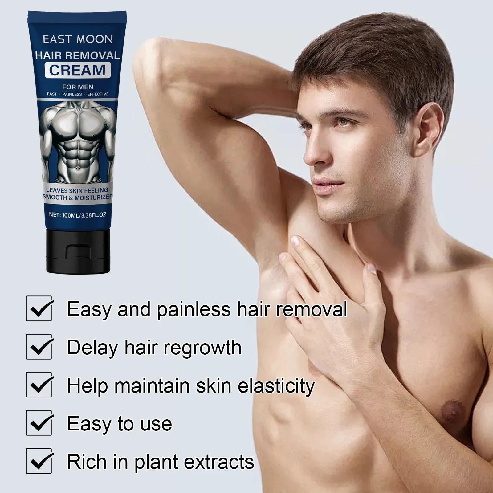 100ml tube of men's mild hair removal cream for lips, beard, armpits, hands, and legs.