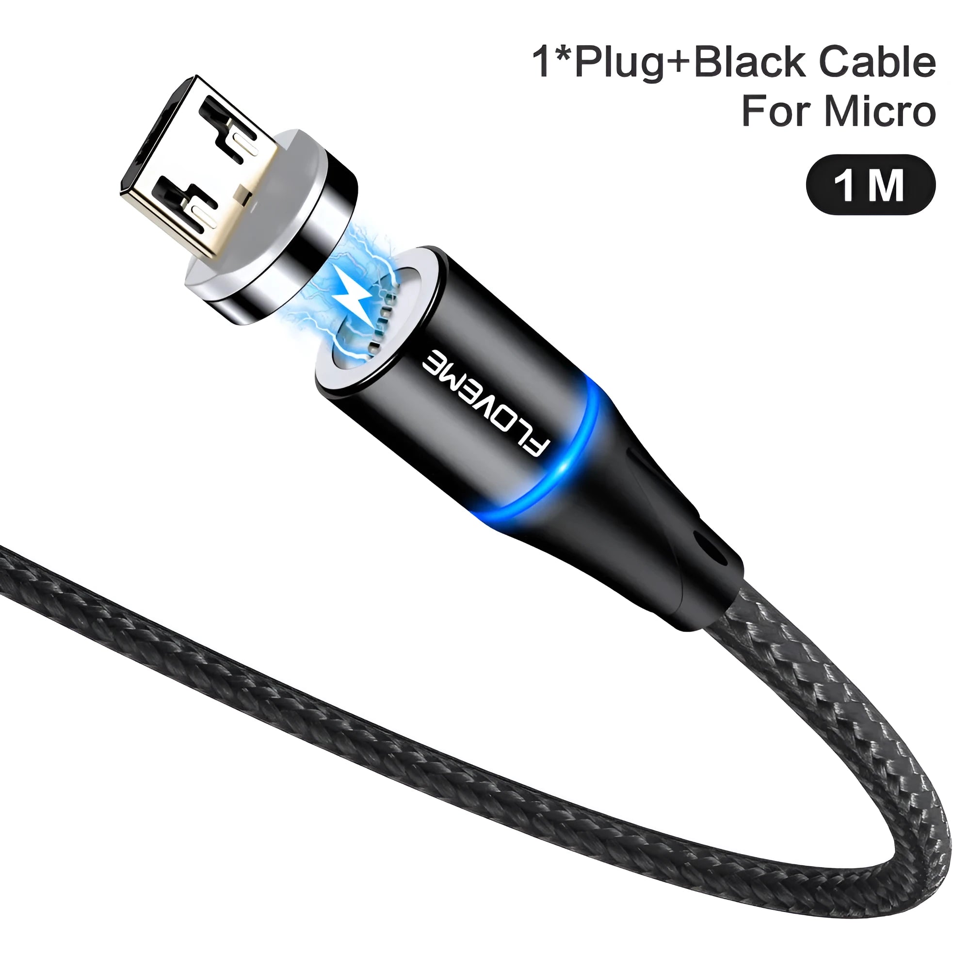 Magnetic data cable with LED side lights in black, red, or silver colour, compatible with Apple iPhone, Android, and Type-C devices