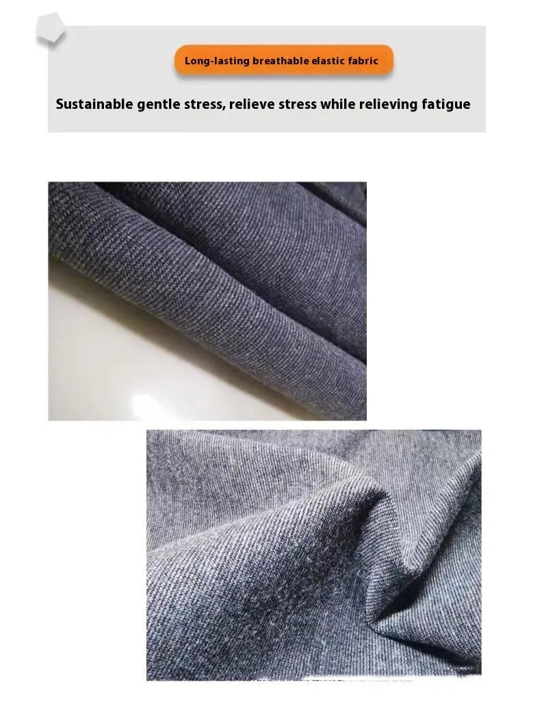 Heather grey dog anxiety vest or calming jacket on a model, showing size range from XXS to XXL.