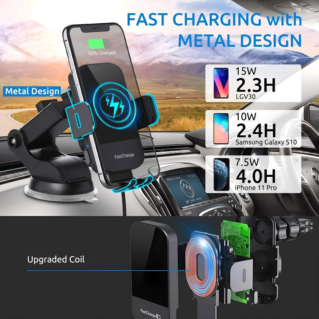 Black car wireless charging stand with 15W fast charging on dashboard