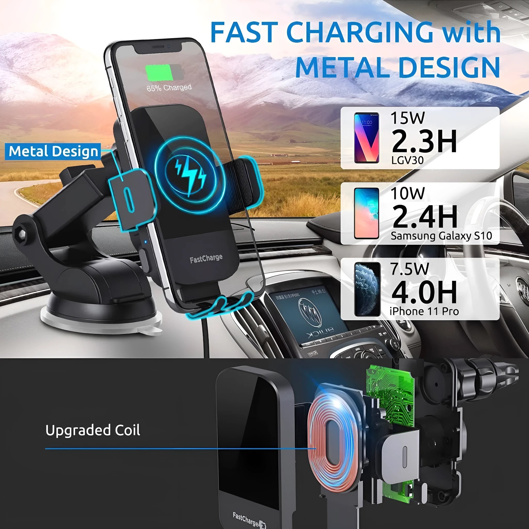 Black car wireless charging stand with 15W fast charging on dashboard