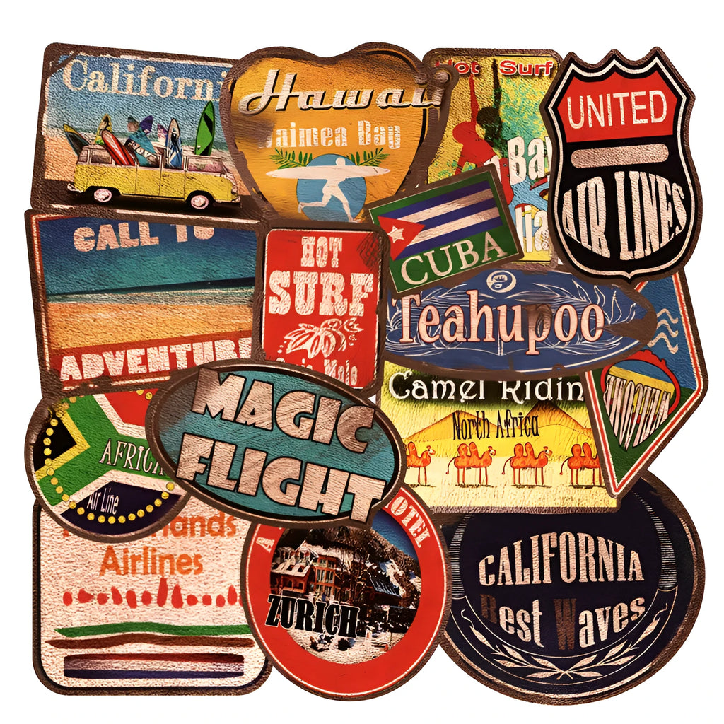 36 retro beach stickers with matte finish on PVC material, showing 6-10cm sizing