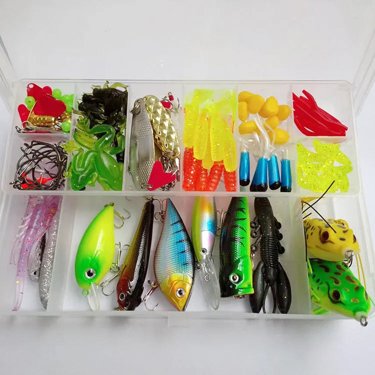 Fishing lure kit containing 142 pieces with hard minnow lures, sequins, fishhooks and fishing pliers
