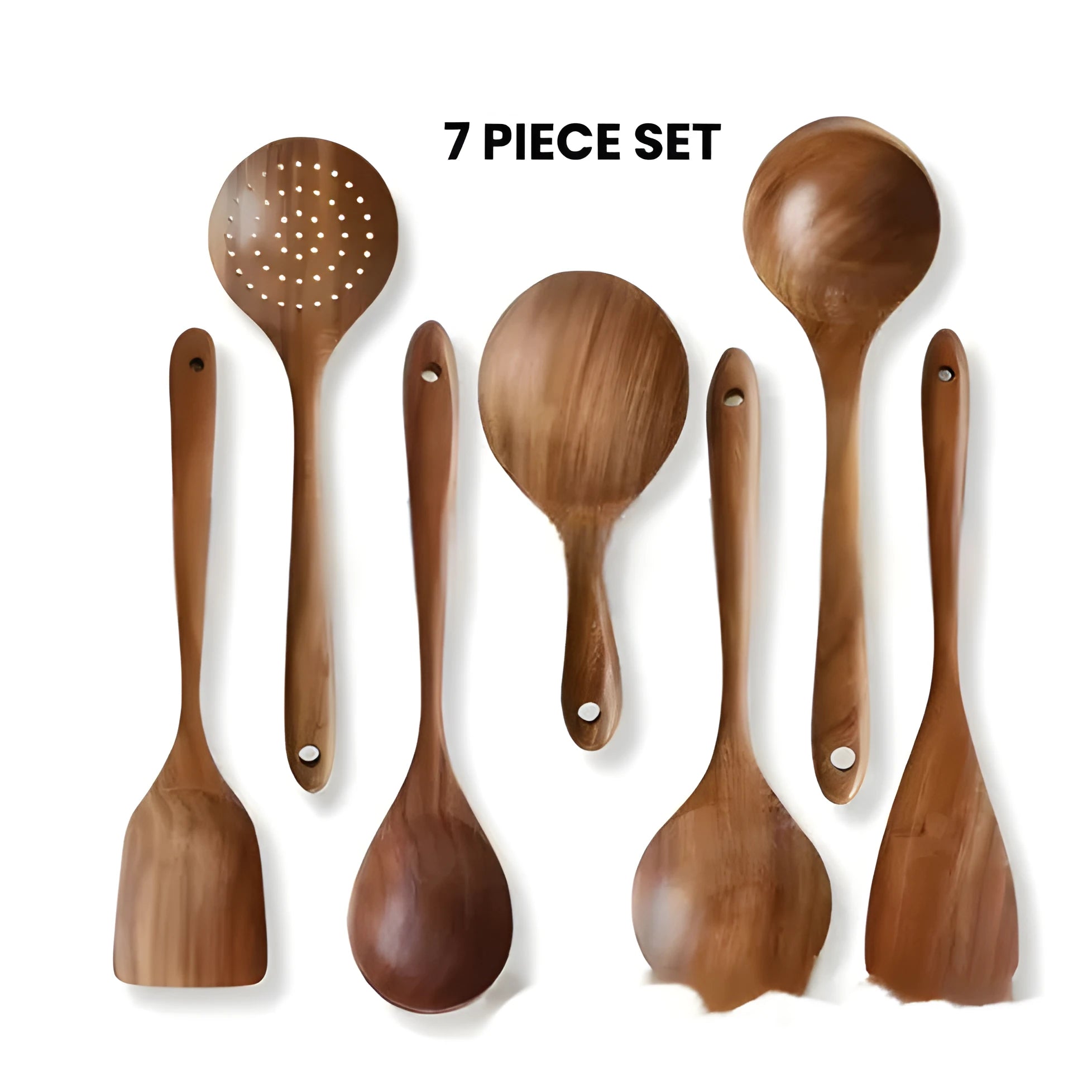 A set of seven wooden kitchen utensils including a spoon, a spatula, and several soup spoons laid out together.