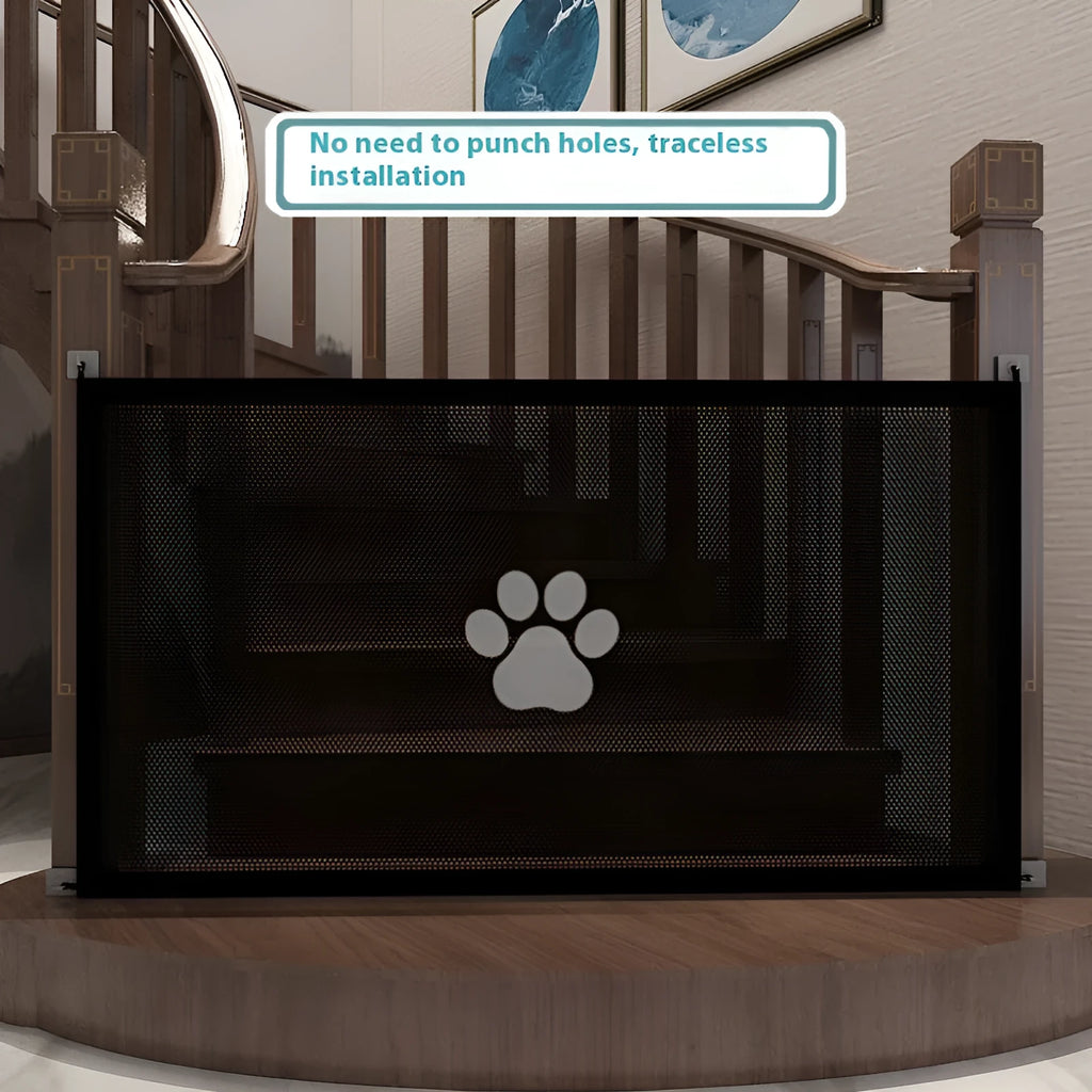 Portable folding dog barrier with plastic rod framework and cloth mesh in doorway with paw print pet doorsill