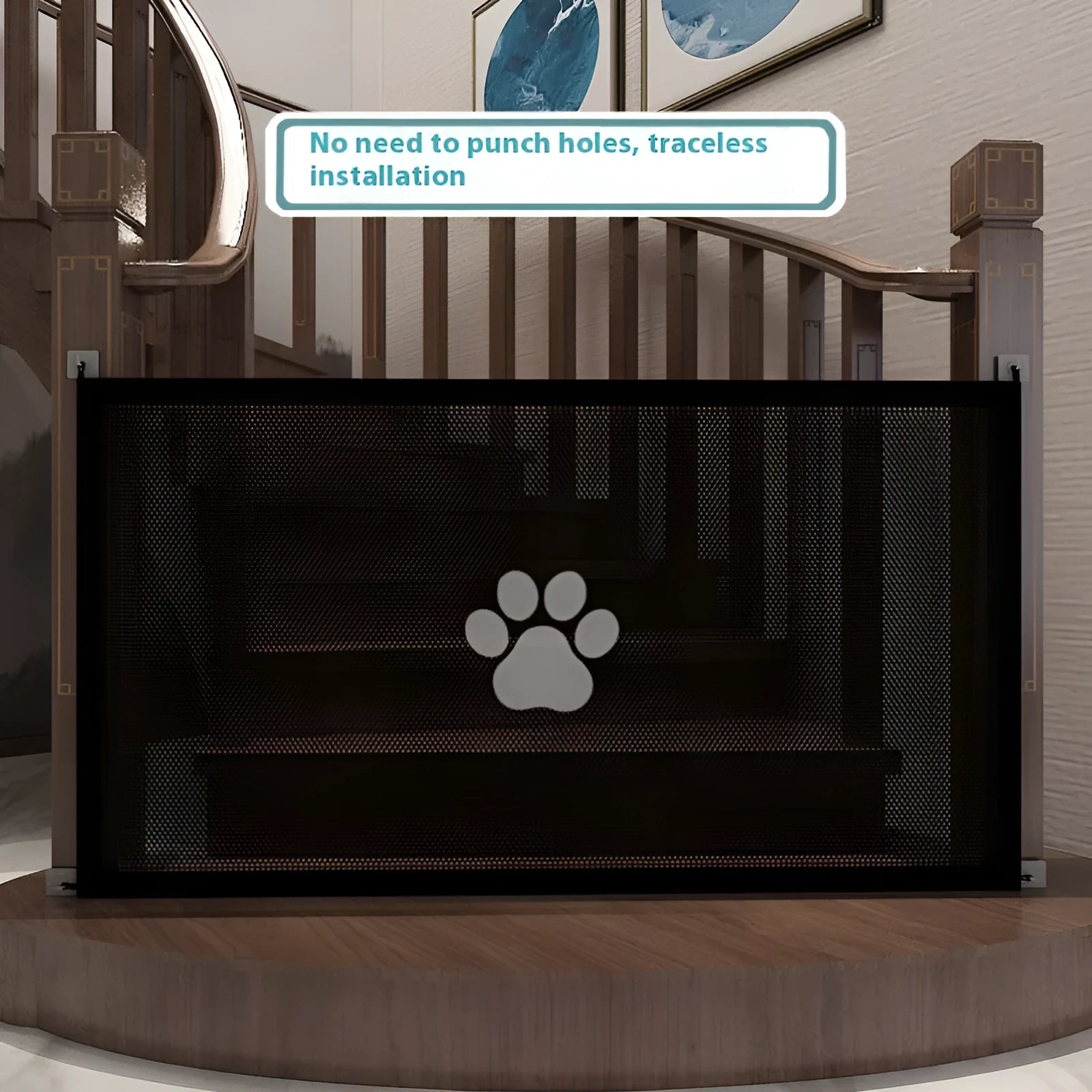 Portable folding dog barrier with plastic rod framework and cloth mesh in doorway with paw print pet doorsill