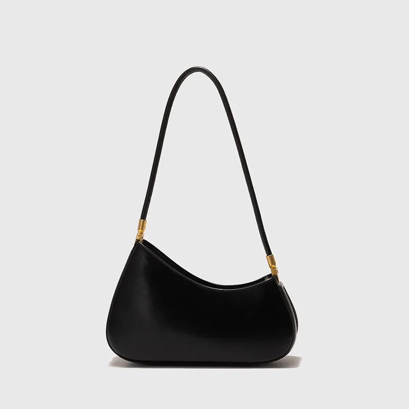 Oval-shaped brown PU leather women's underarm handbag with a single shoulder strap and visible stitching.