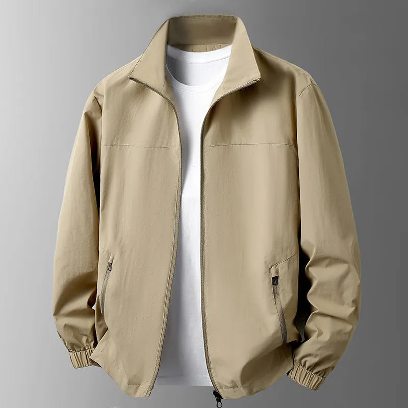 Men's large size casual windproof jacket with stand collar and zipper in khaki colour