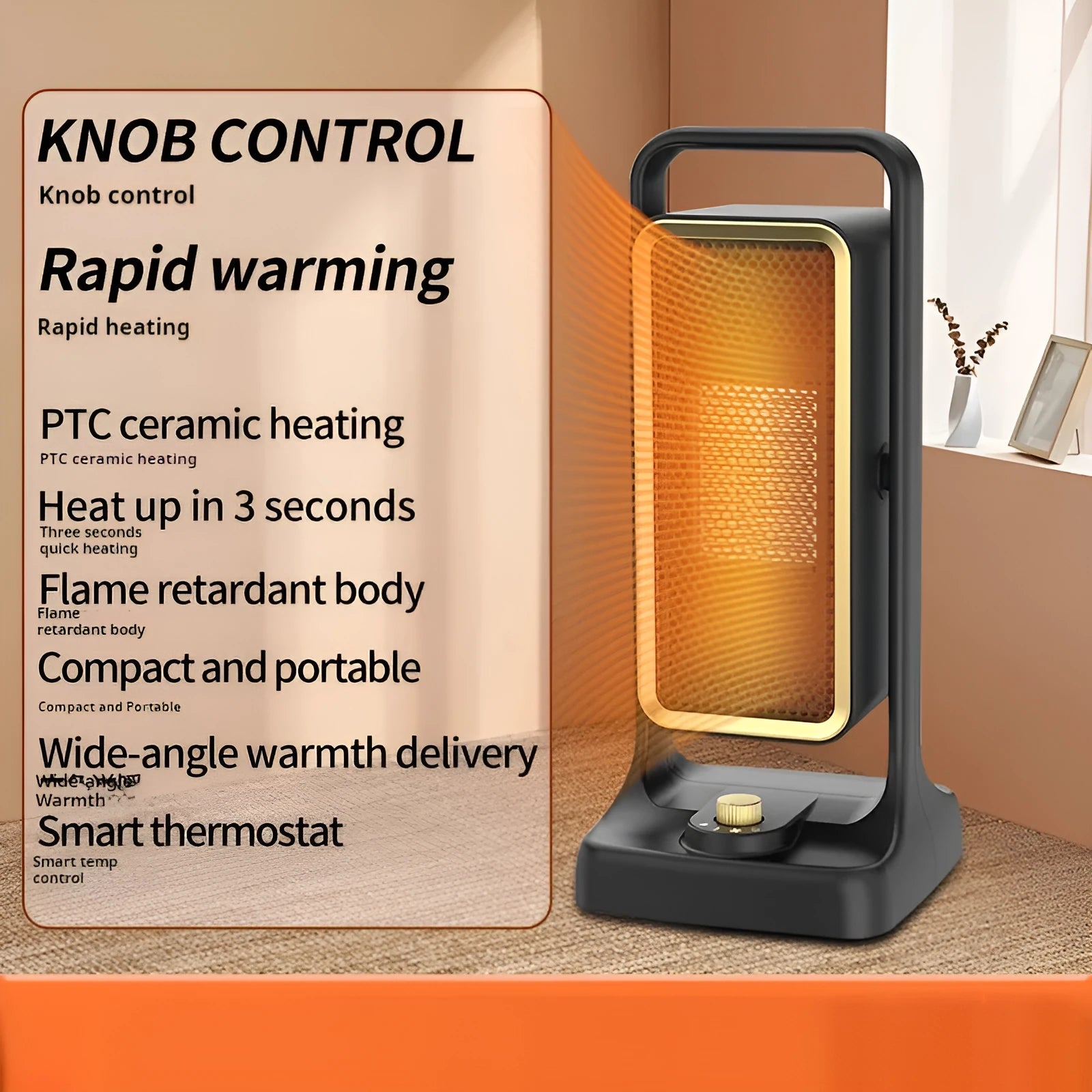 Black compact PTC ceramic desktop air heater with control knob on a wooden desk.