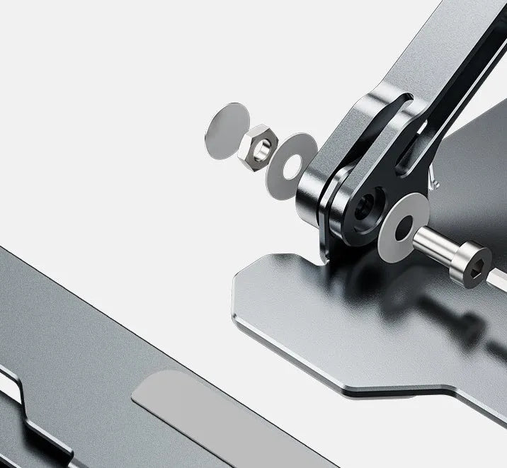 Grey aluminium adjustable laptop stand in folded position showing hollow design and silicone pads