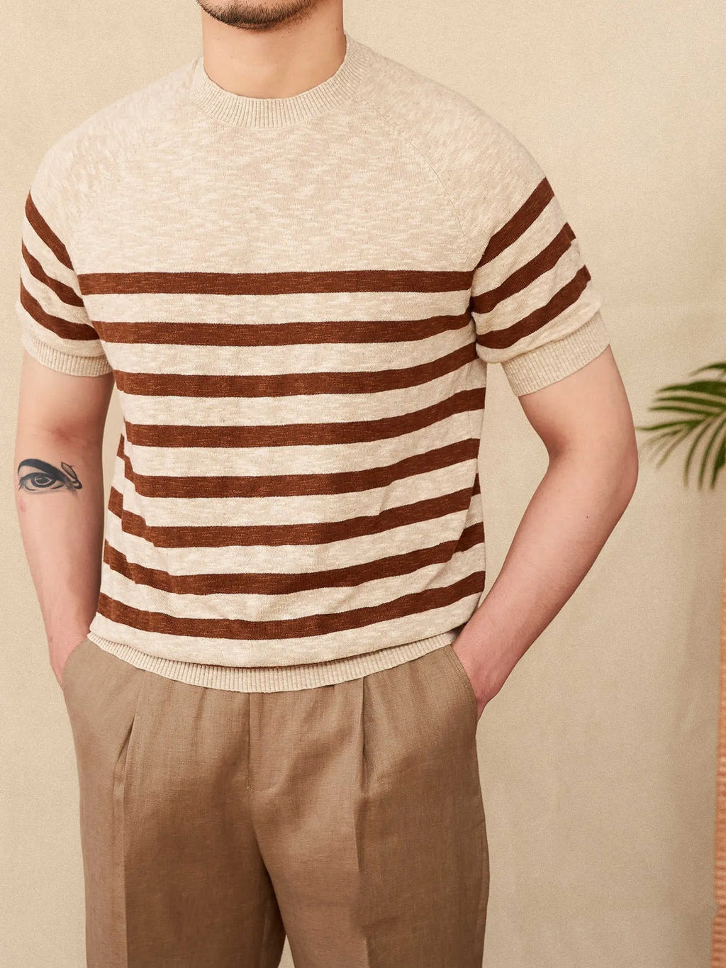 Linen cotton short sleeve t-shirt with stripe knit pattern in coffee colour