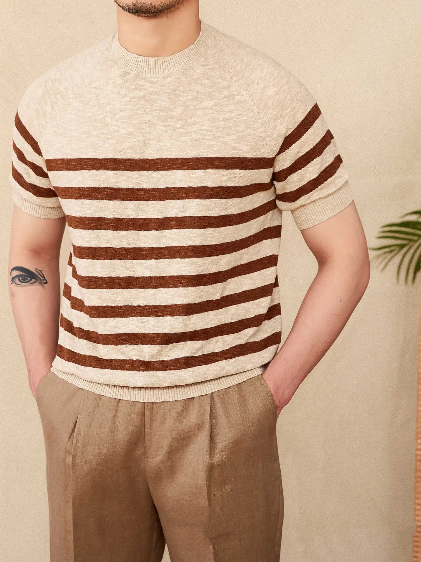Linen cotton short sleeve t-shirt with stripe knit pattern in coffee colour