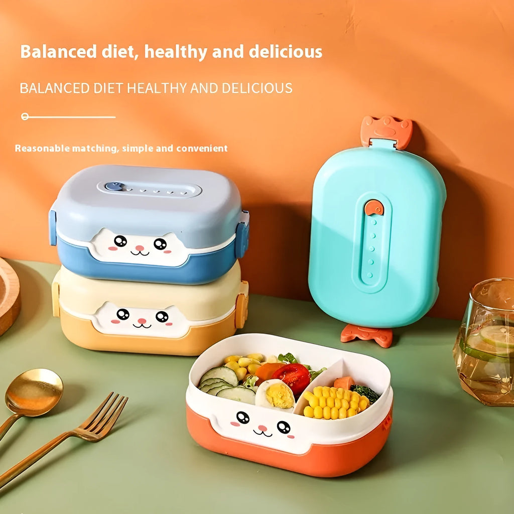 Square plastic divided lunch box in solid colour, shown open to display internal sections.