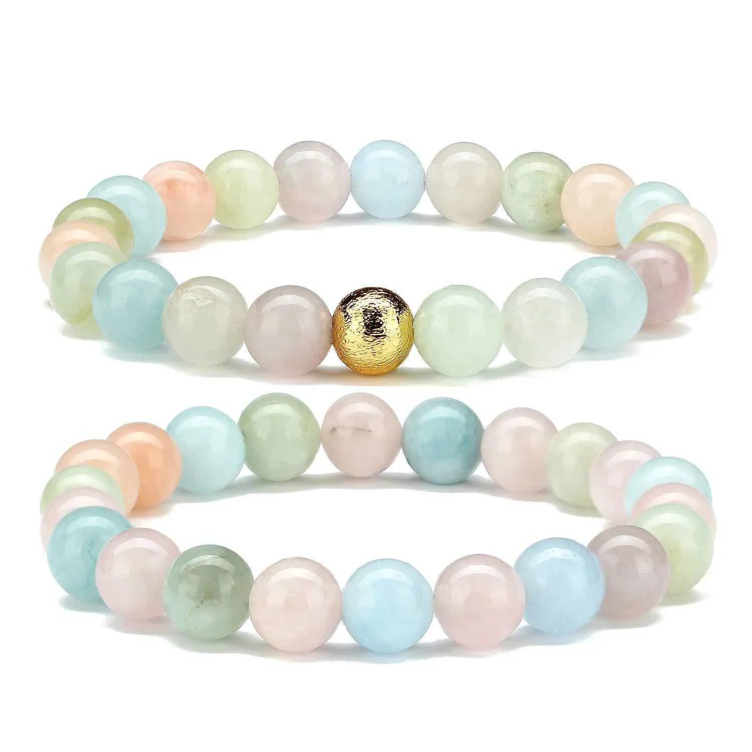 Close-up of a handmade bracelet with round 8mm agate beads in various natural stone colours on a wrist.