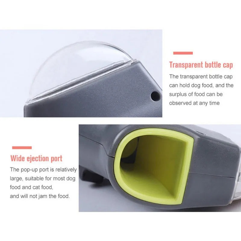 Grey pet snack catapult launcher measuring 18x7.5x3.5cm for treat ejection up to 3 metres