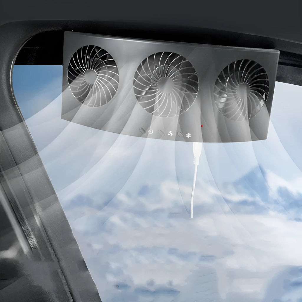 Black and white USB-powered car ventilation fan with 1.5m cable for vehicle odour reduction
