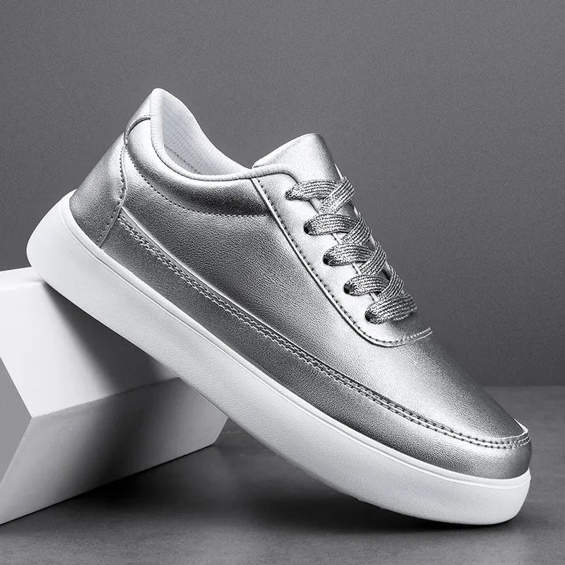 Women's leather lace-up casual flat shoes in white, silver, or gold colour