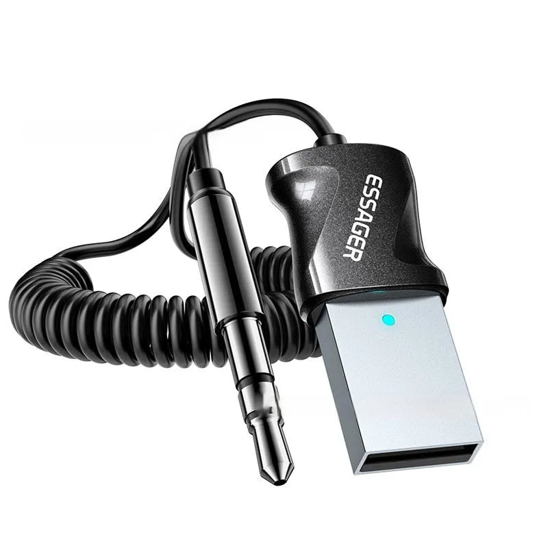 ESSAGER Shadow Arc Bluetooth 5.0 audio receiver with 3.5mm gold-plated plug and stretchable black TPE wire