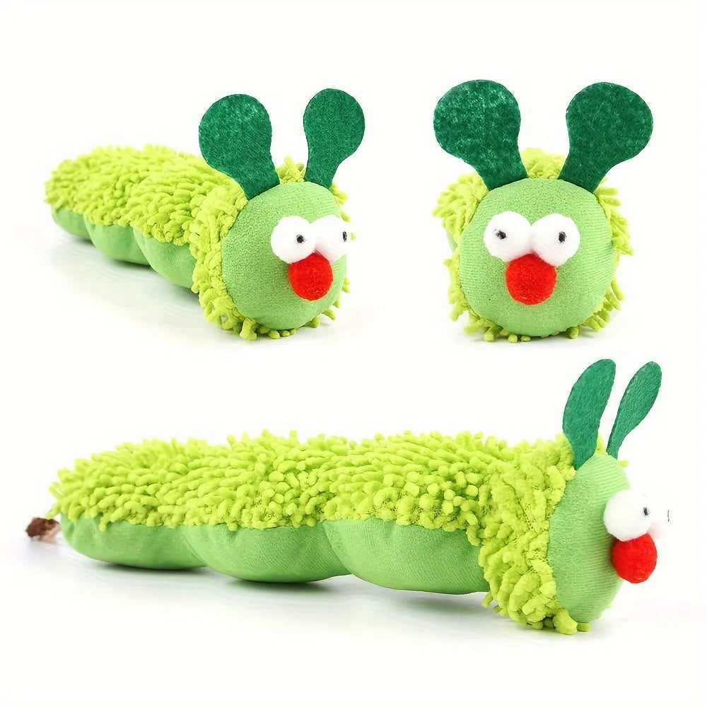 Green plush interactive cat toy pillow with electronic vibration and sound features for indoor play