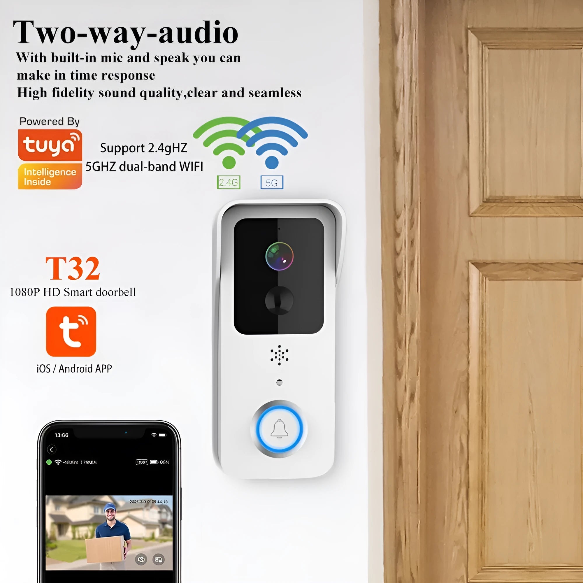 Black and white waterproof smart visual doorbell with camera for remote intercom