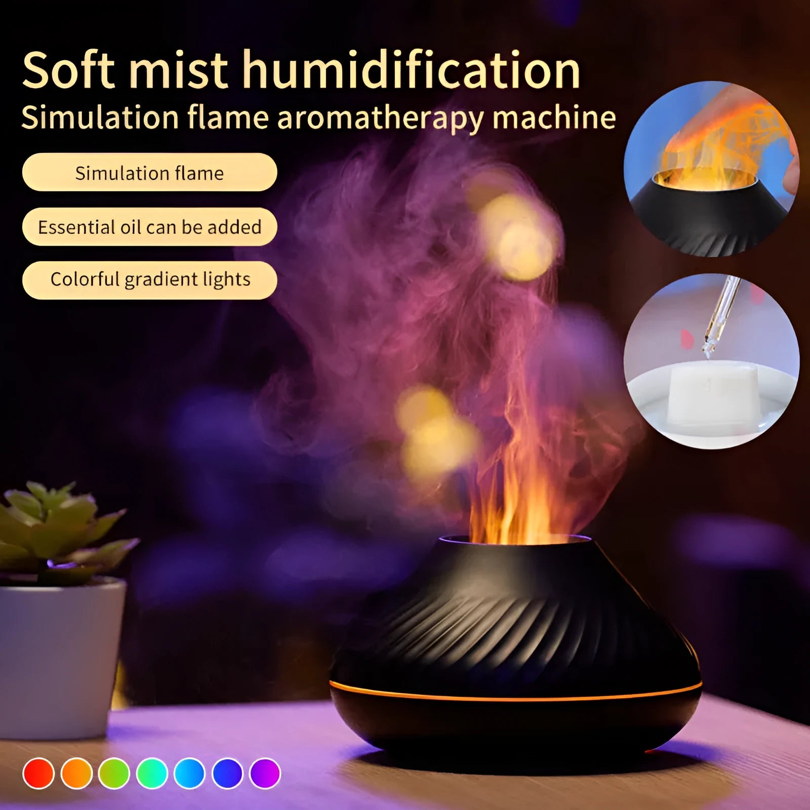 Beige and black USB aroma diffuser lamp with flame effect LED light and mist output