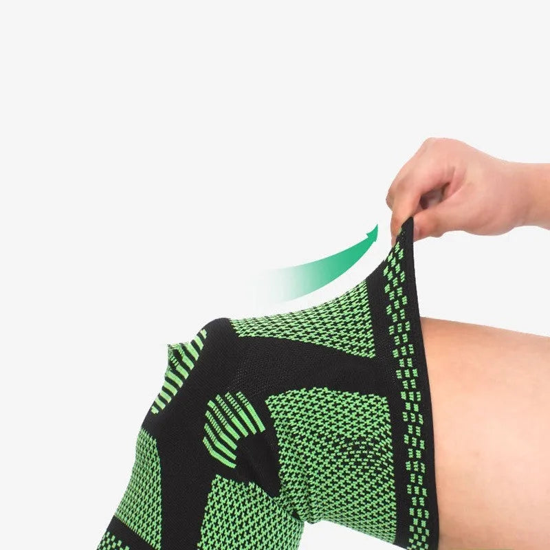 Polyamide silicone spring knee pads for sports fitness in blue, green, orange, and white colour options.