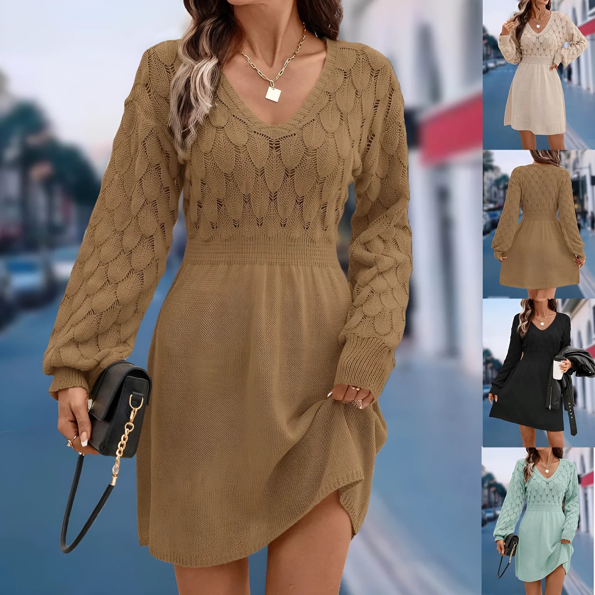 Women's apricot V-neck long sleeve beach dress with a 3D pattern and high waist.