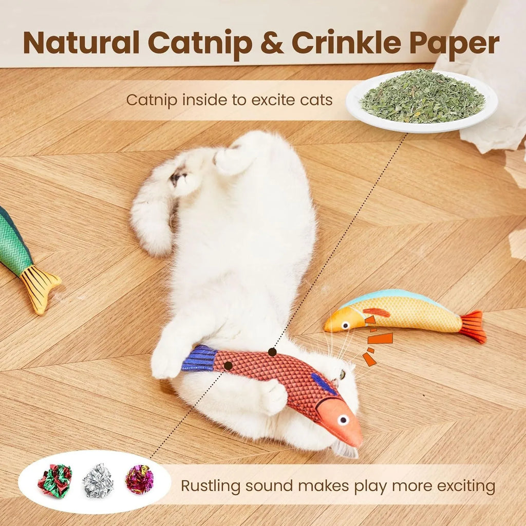 Green saury fish shaped cat toy with organic catnip filling and crinkle sound feature for indoor play