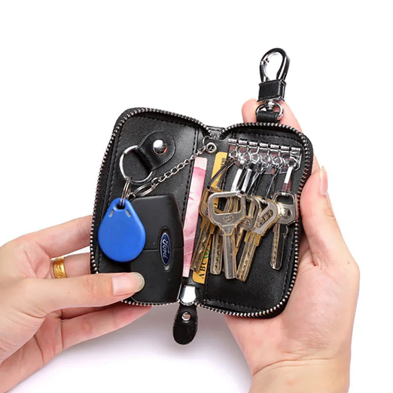 Men's genuine leather zipper multi-function car key holder in black, handmade cow split leather
