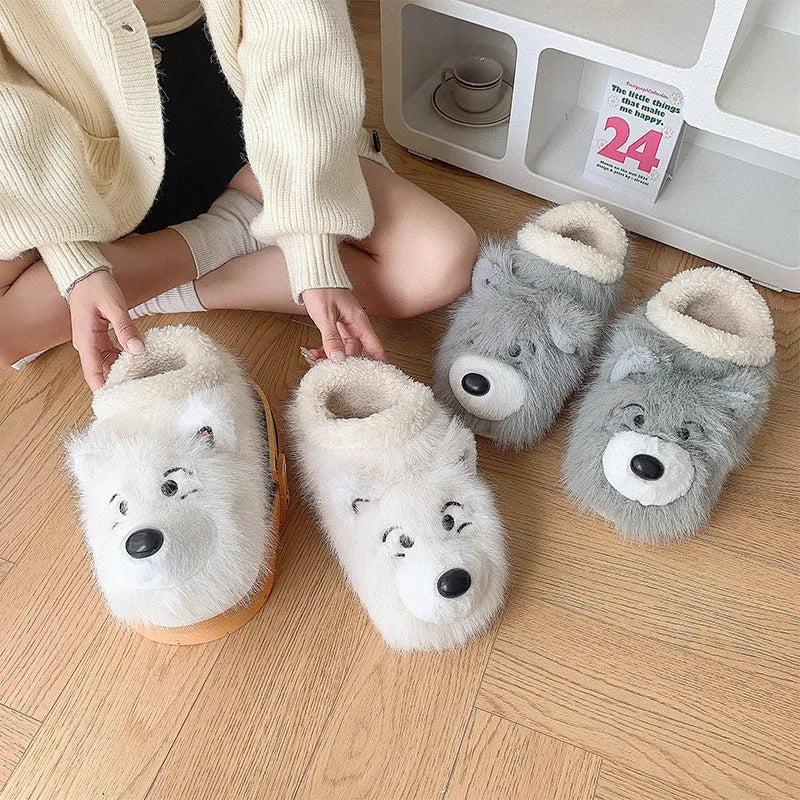 Women's ankle wrap cotton slippers with plush upper in grey and white colour options