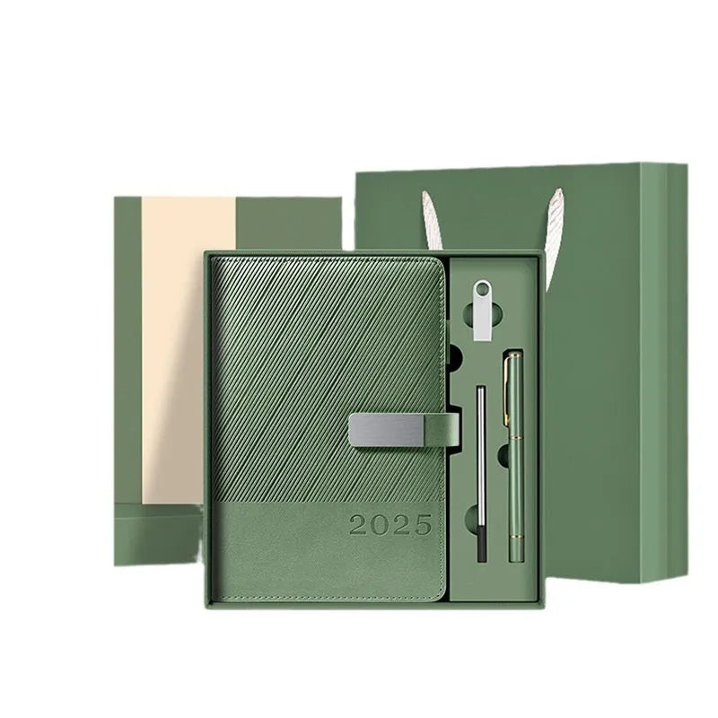 A5 striped PU leather notepad open to show 80g wood-free paper with 408 pages