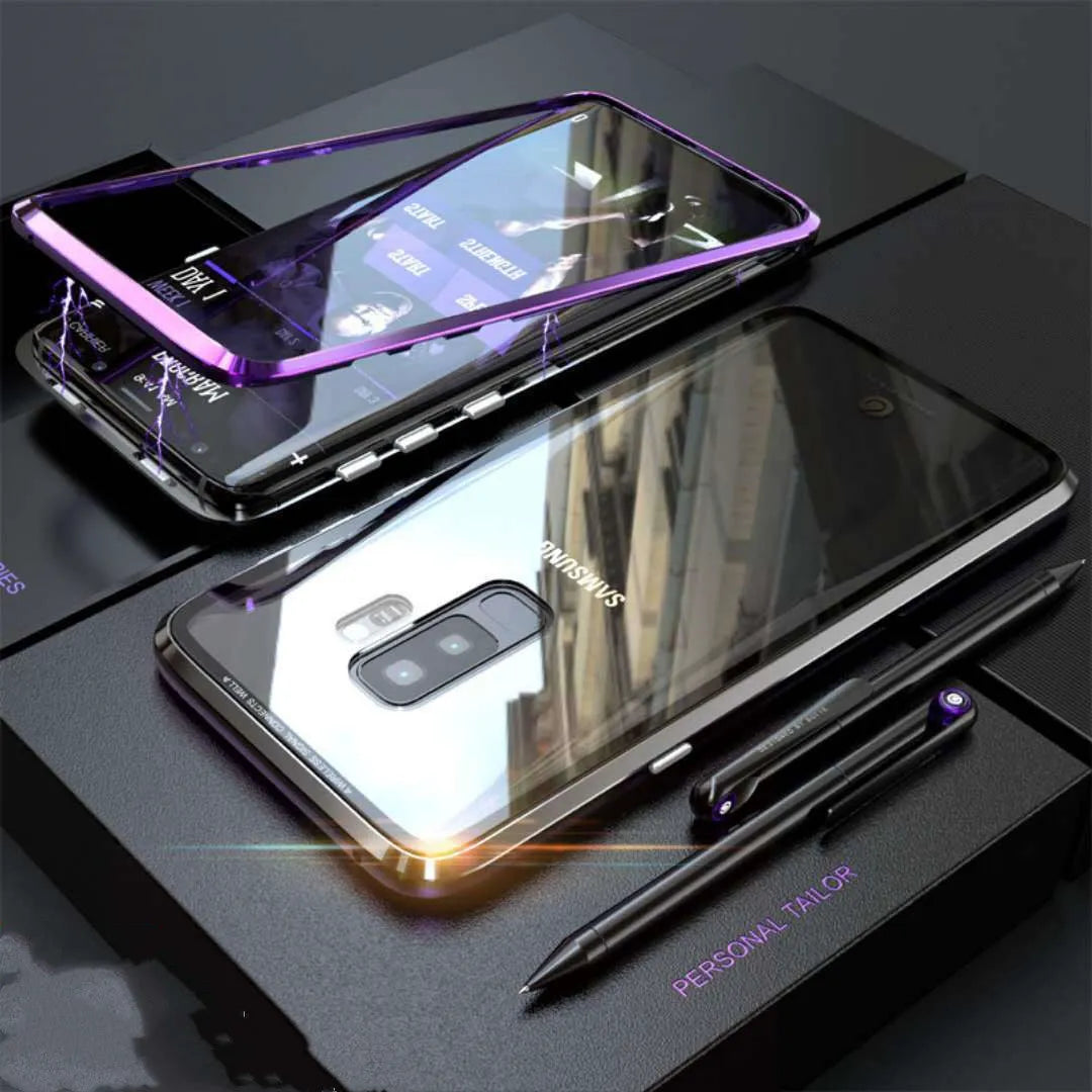 Black clamshell phone case with magnetic closure for Samsung Galaxy, showing anti-peeping screen.