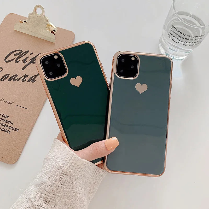 Solid colour TPU luxury plating love phone case for iPhone in blue, shown on a phone.