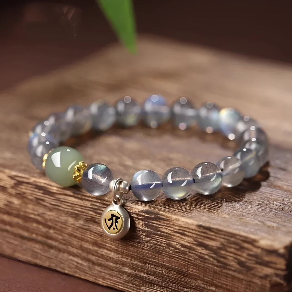Moonstone Buddhist prayer beads bracelet with electroplated finish and Kwan-yin mouse design