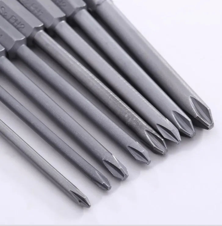 Set of eight long silver magnetic Phillips screwdriver bits with 1/4 inch hex shanks on a white background.