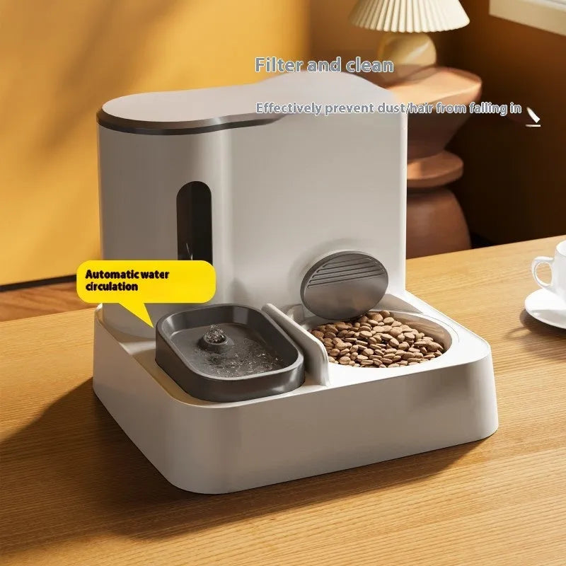 Cat automatic pet feeder water dispenser integrated double bowl station in grey colour