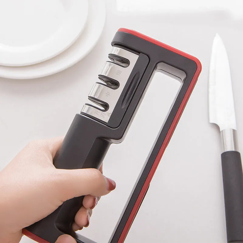 Black and red professional three-stage diamond knife sharpener with non-skid feet