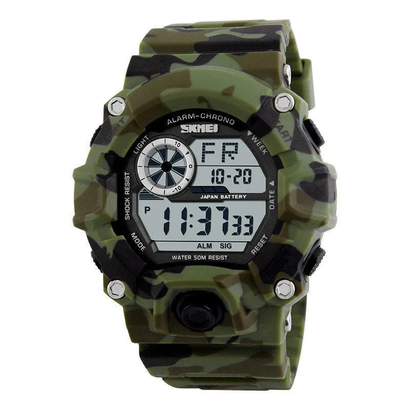 Multifunctional electronic sports watch with round dial, plastic strap, and 30M waterproof rating in five colour options.
