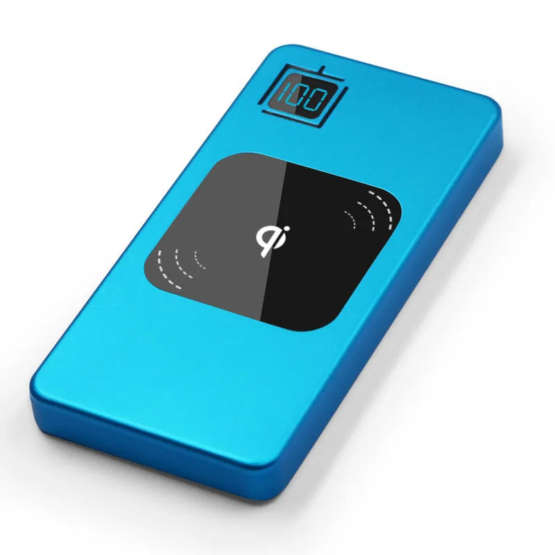 Portable power bank with alloy shell and LCD display in black silver red or blue colours