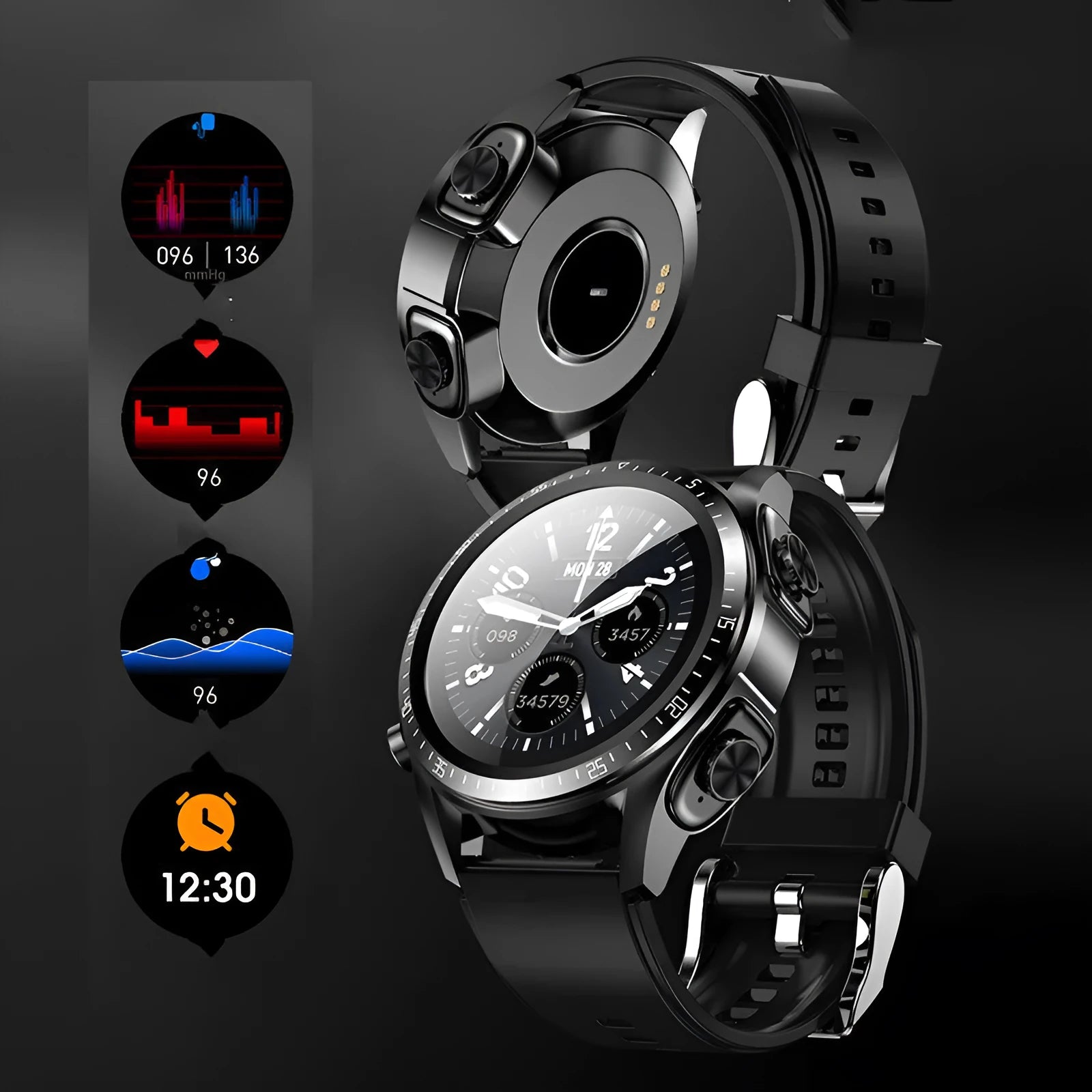 Black smart watch with 1.28-inch screen showing health metrics, silicone strap, includes TWS earphones