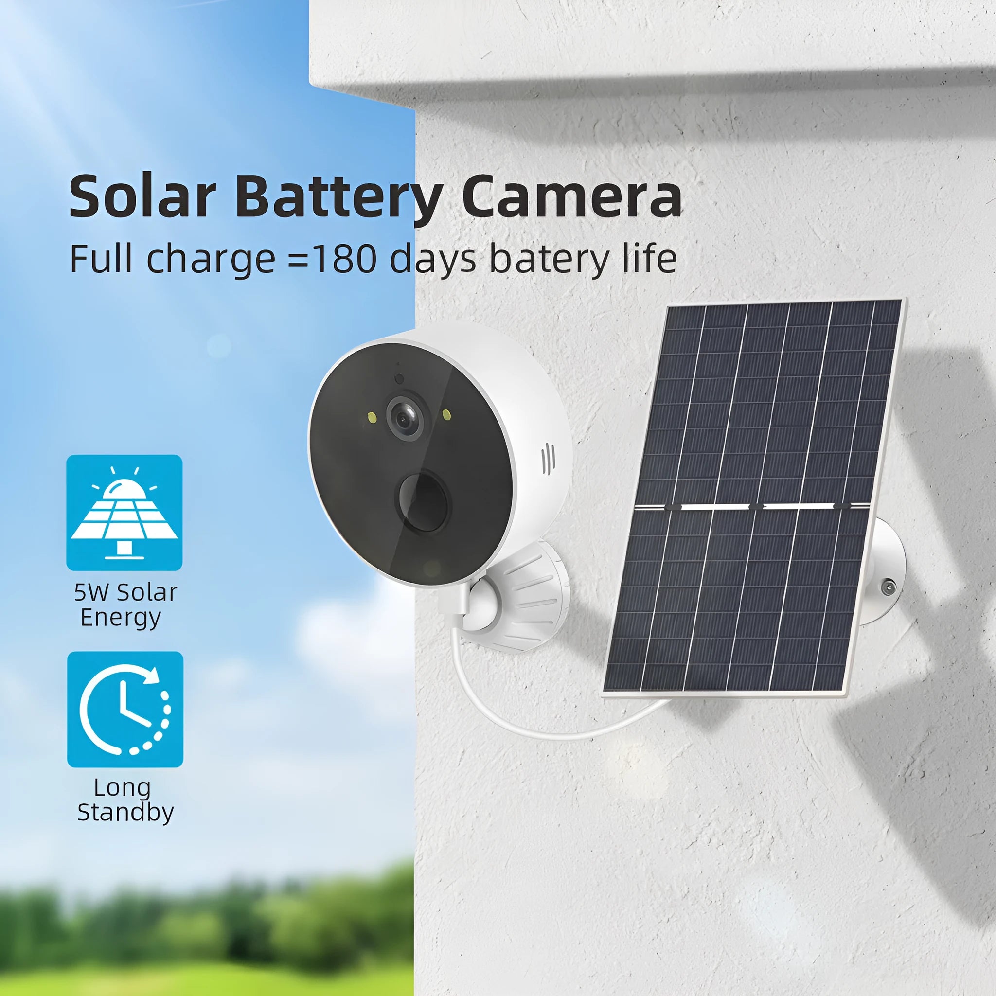 Solar-powered outdoor security camera with attached solar panel on a wall mount