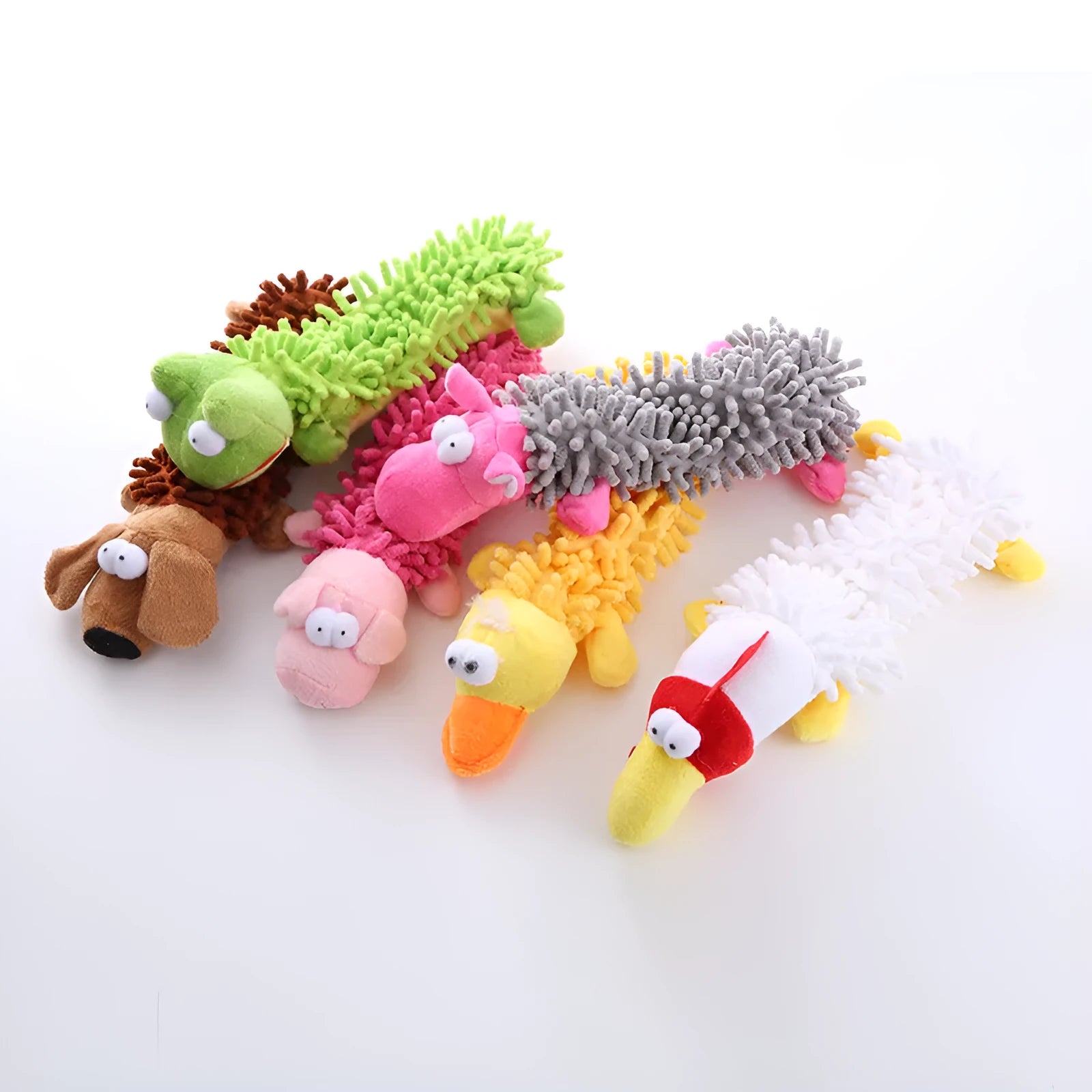 Plush horse molar dog chew toy in soft microfibre fabric, shown in various animal colour options.