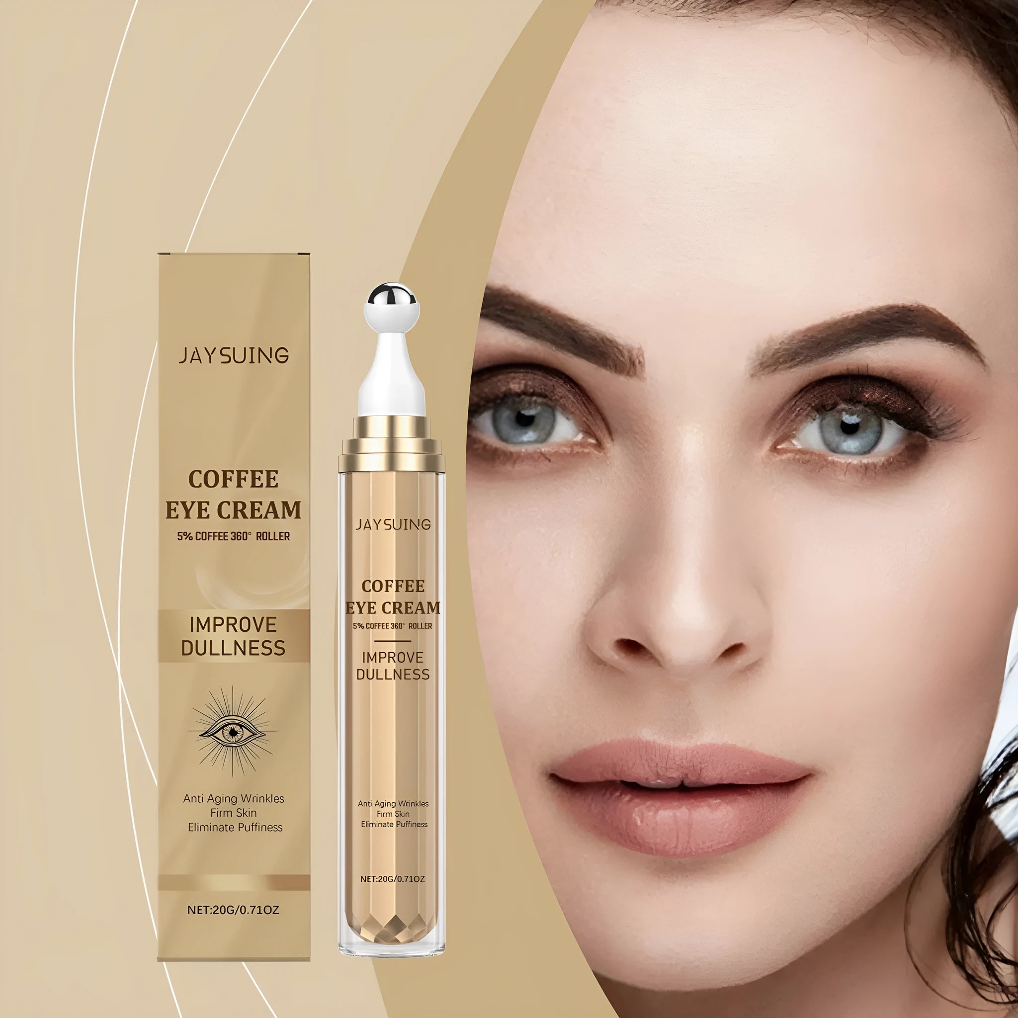 Caffeine firming eye cream in white 20g jar with coffee extract and sodium hyaluronate