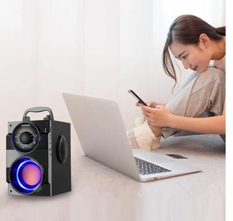 Black portable audio system with subwoofer and satellite speakers featuring 3.5mm connection