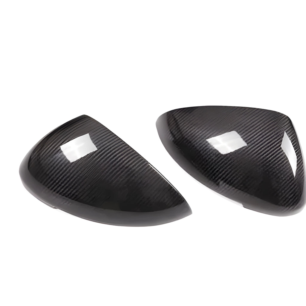 Carbon fibre mirror covers for Porsche Macan 2014-2022 models with dimensional specifications