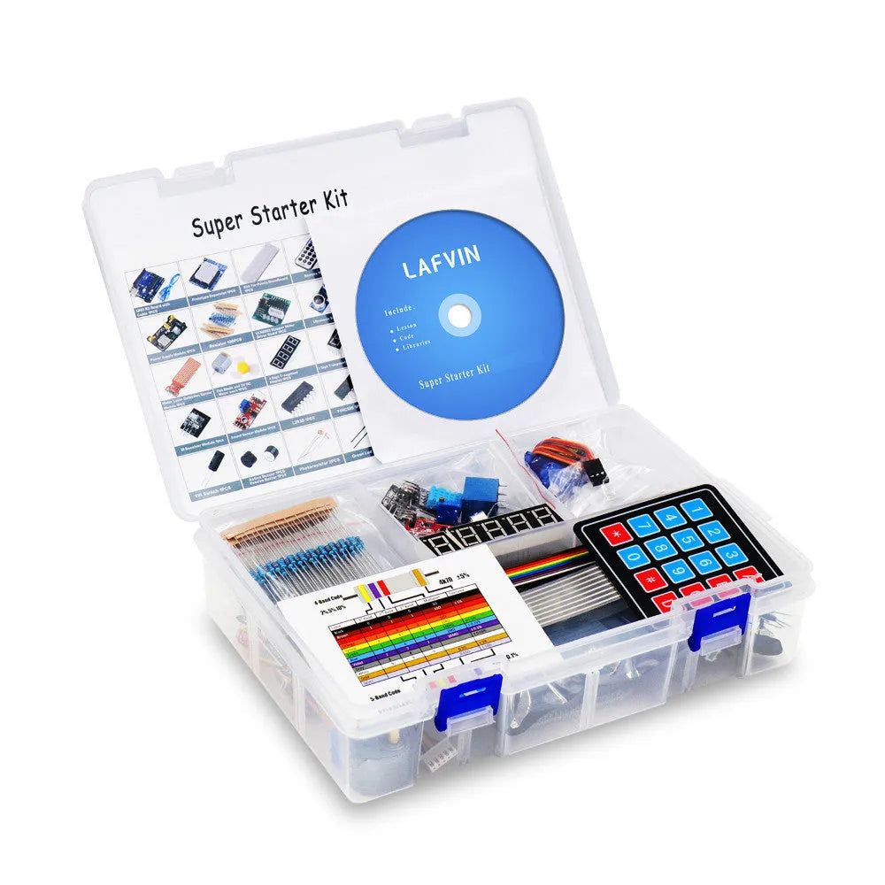 LAFVIN Arduino Super Starter Kit showing blue R3 board, breadboard, LEDs, sensors, motors, and components on a white background.