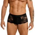 Men's black lace briefs with hollow-out see-through design on white background