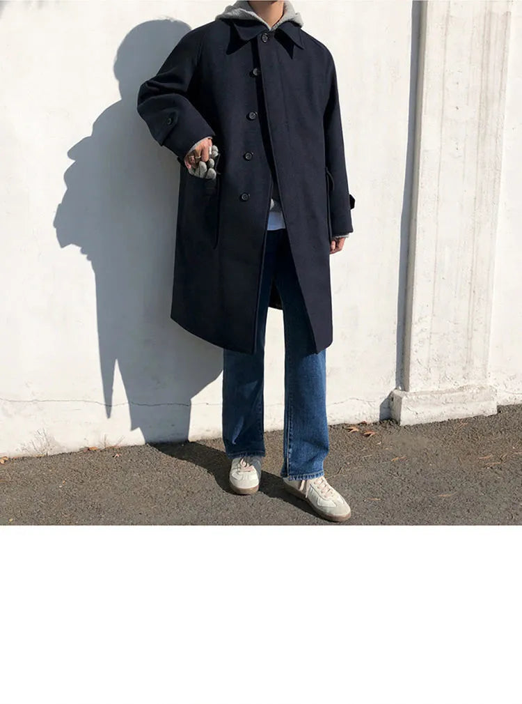 Plus-size women's British style woolen cloth trench coat in blue, slim fit, size M to 2XL